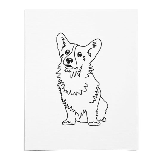 An art print featuring a line drawing of a Corgi dog on white linen paper