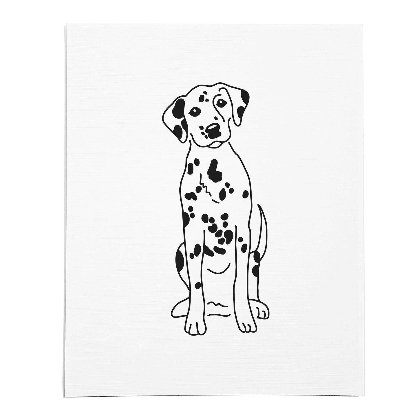 An art print featuring a line drawing of a Dalmatian dog on white linen paper