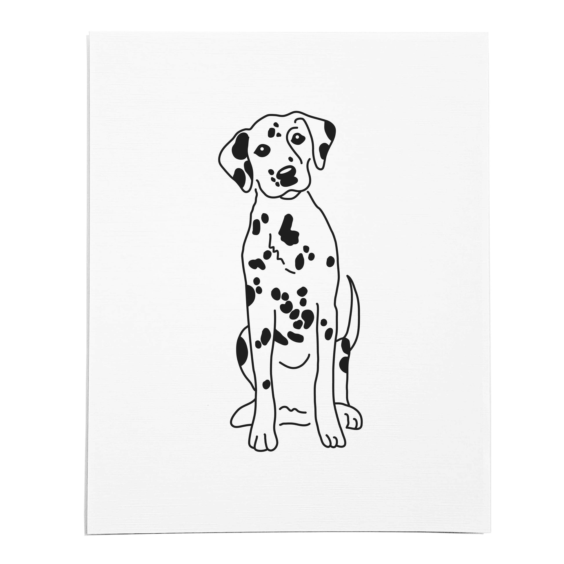 An art print featuring a line drawing of a Dalmatian dog on white linen paper