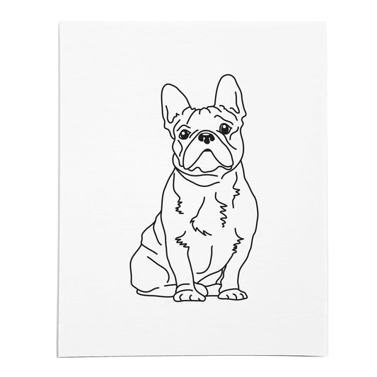 An art print featuring a line drawing of a French Bulldog on white linen paper