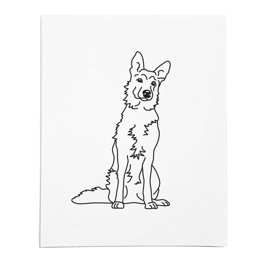 An art print featuring a line drawing of a German Shepherd dog on white linen paper