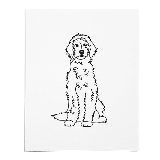 An art print featuring a line drawing of a Goldendoodle dog on white linen paper