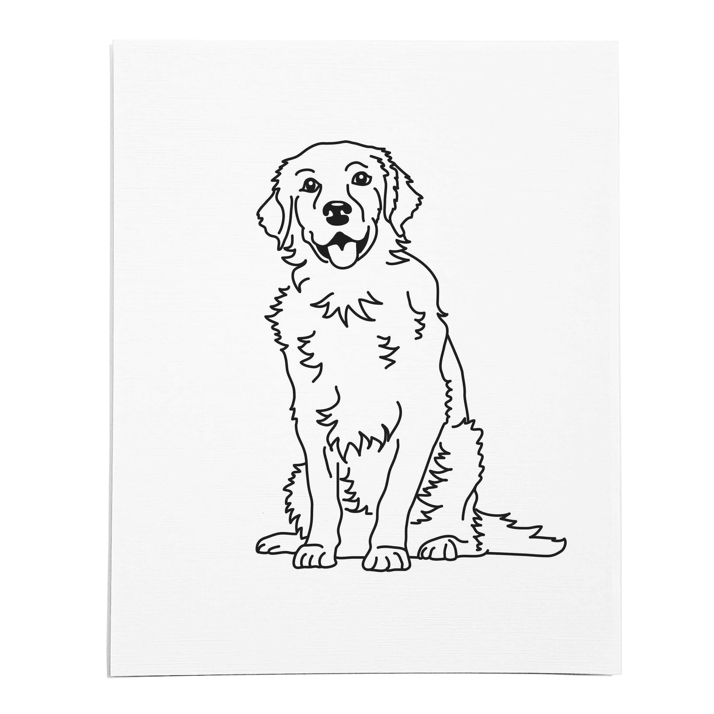 An art print featuring a line drawing of a Golden Retriever dog on white linen paper