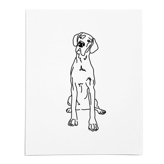 An art print featuring a line drawing of a Great Dane dog on white linen paper