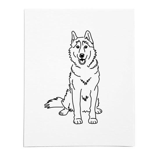 An art print featuring a line drawing of a Husky dog on white linen paper