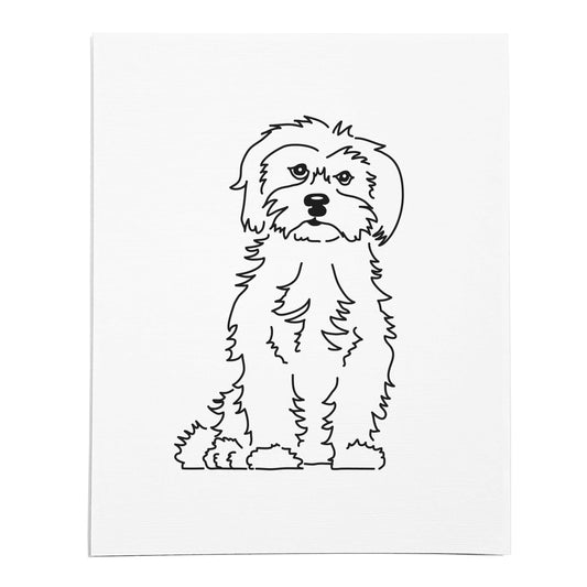 An art print featuring a line drawing of a Maltese dog on white linen paper