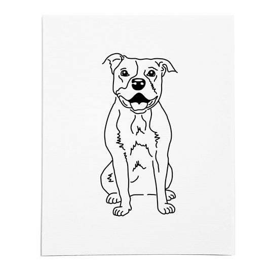 An art print featuring a line drawing of a Pitbull dog on white linen paper