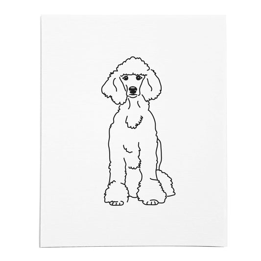 An art print featuring a line drawing of a Poodle dog on white linen paper