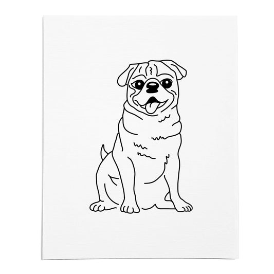 An art print featuring a line drawing of a Pug dog on white linen paper