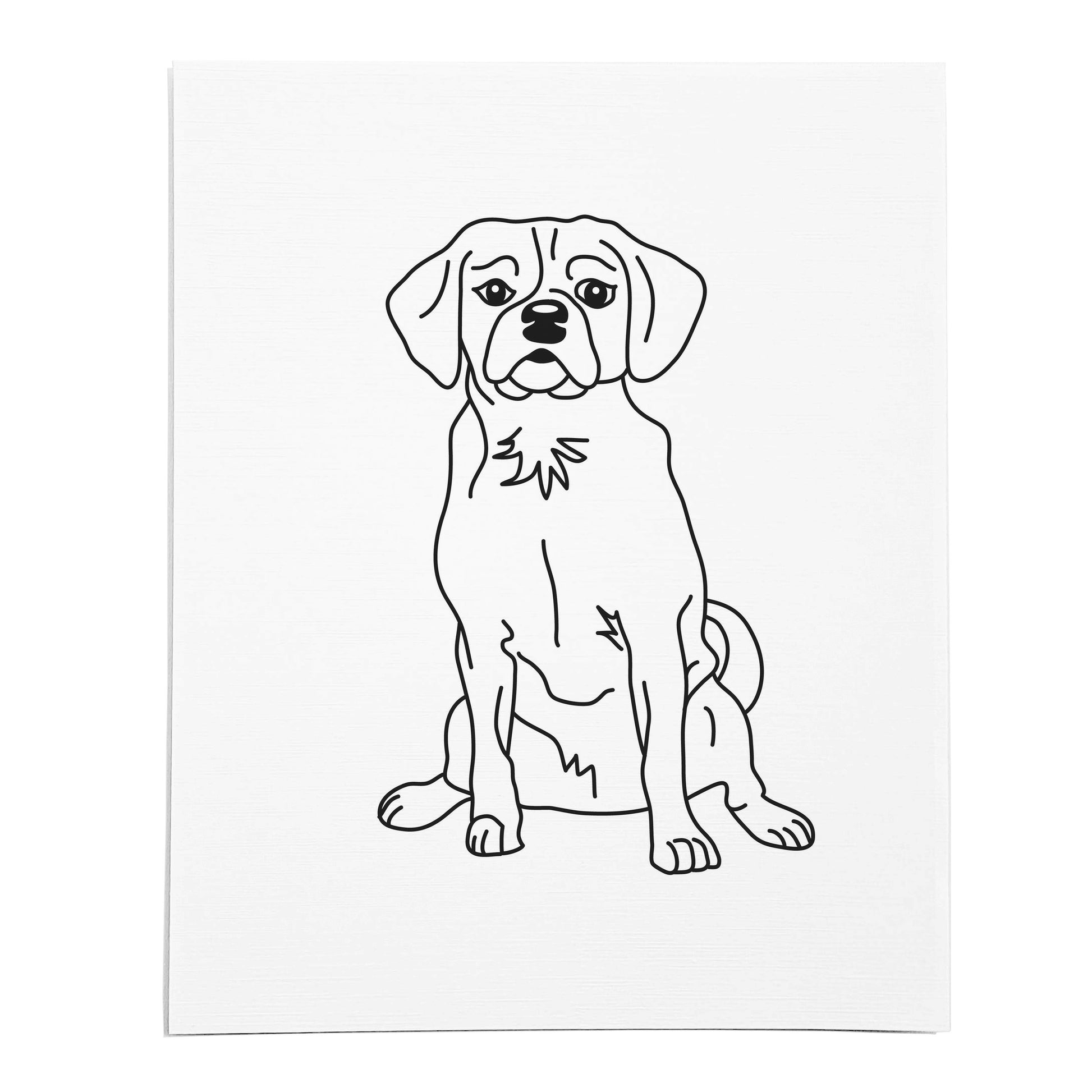 An art print featuring a line drawing of a Puggle dog on white linen paper
