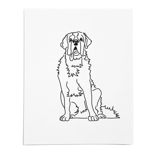 An art print featuring a line drawing of a Saint Bernard dog on white linen paper