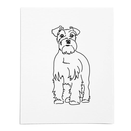 An art print featuring a line drawing of a Schnauzer dog on white linen paper