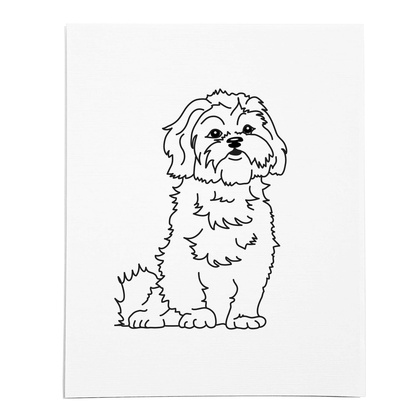 An art print featuring a line drawing of a Shih Tzu dog on white linen paper