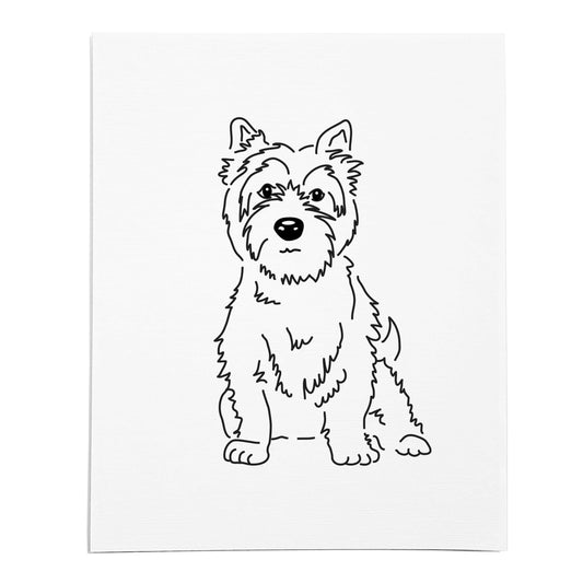 An art print featuring a line drawing of a West Highland Terrier dog on white linen paper