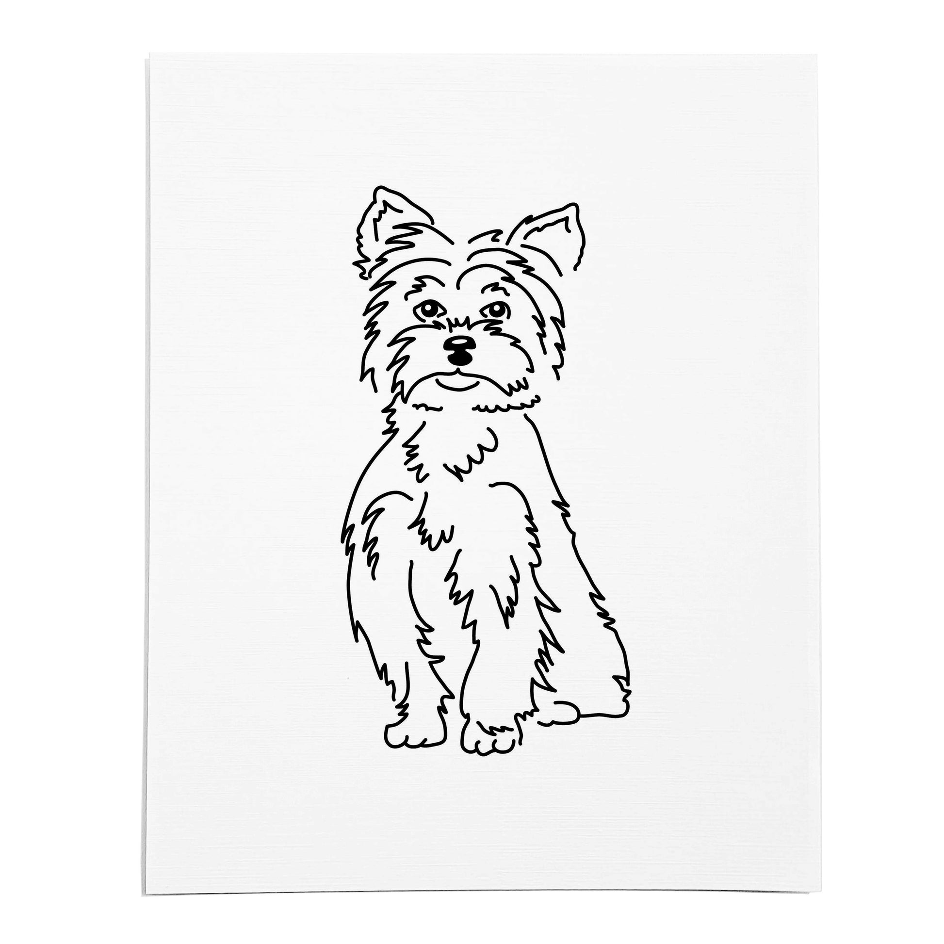 An art print featuring a line drawing of a Yorkshire Terrier dog on white linen paper