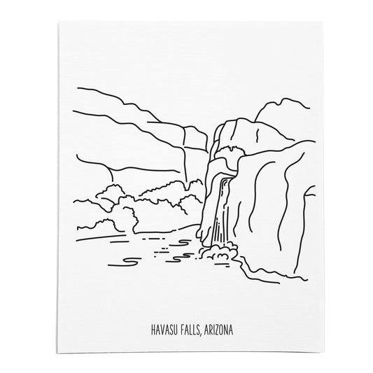 An art print featuring a line drawing of Havasu Falls on white linen paper