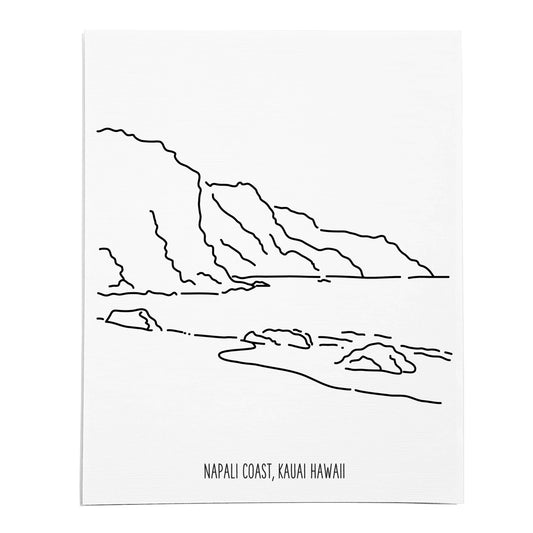 An art print featuring a line drawing of the NaPali Coast on white linen paper