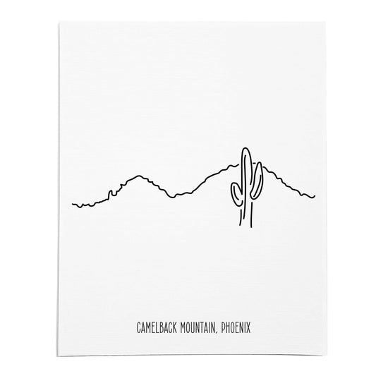 An art print featuring a line drawing of Camelback Mountain on white linen paper portrait orientation