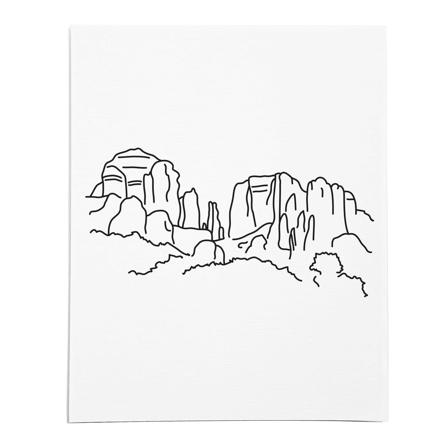 An art print featuring a line drawing of Cathedral Rock on white linen paper