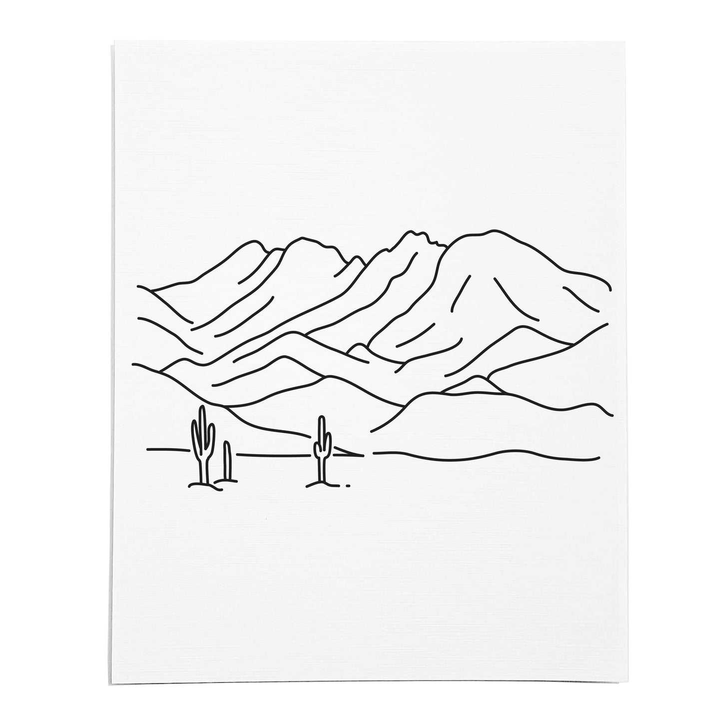 An art print featuring a line drawing of the Four Peaks on white linen paper