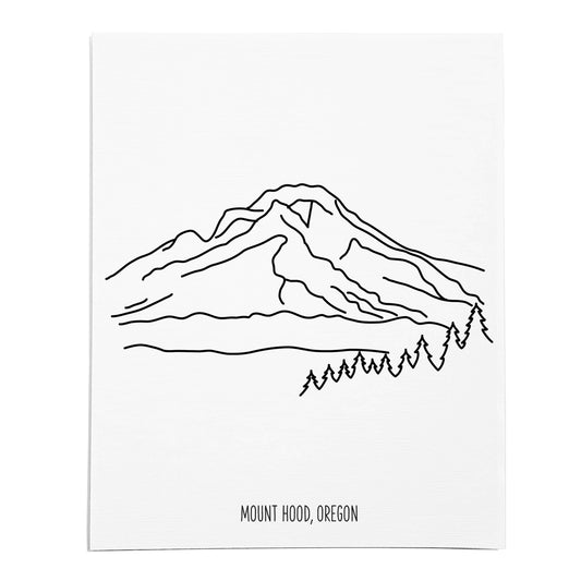 An art print featuring a line drawing of Mount Hood on white linen paper