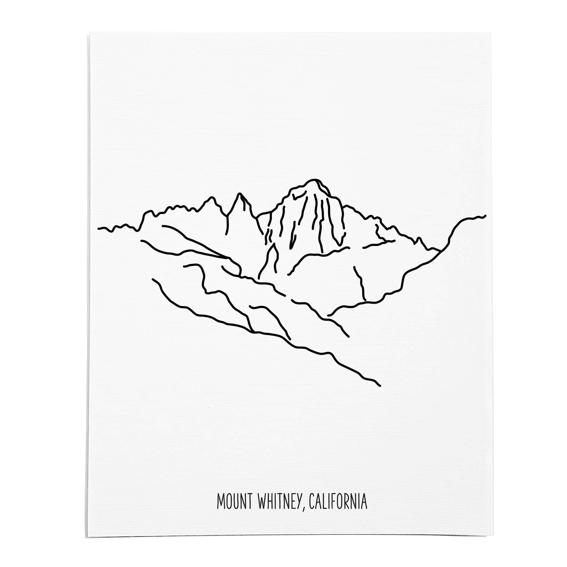 An art print featuring a line drawing of Mount Whitney on white linen paper 