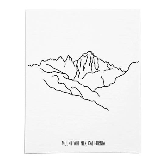 An art print featuring a line drawing of Mount Whitney on white linen paper 