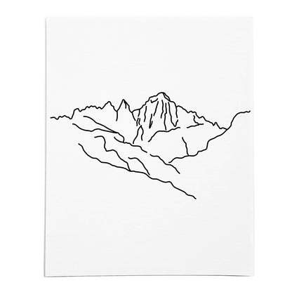An art print featuring a line drawing of Mount Whitney on white linen paper
