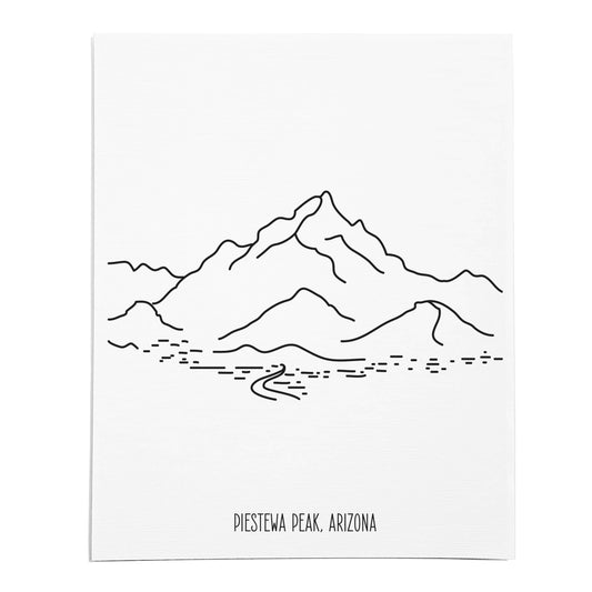 An art print featuring a line drawing of Piestewa Peak on white linen paper