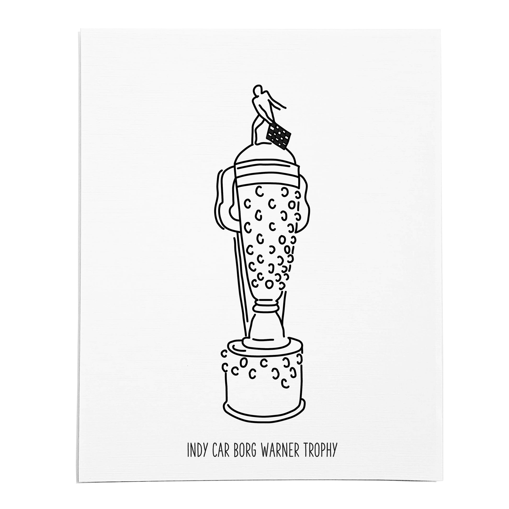 An art print featuring a line drawing of the Indy Car Borg Warner Trophy on white linen paper