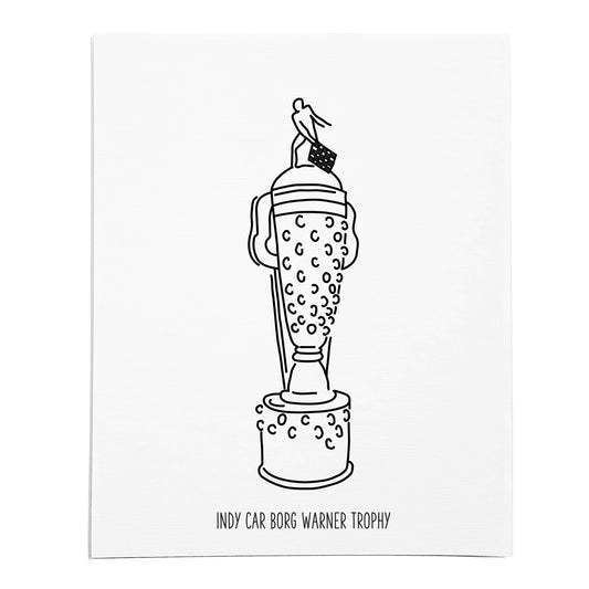 An art print featuring a line drawing of the Indy Car Borg Warner Trophy on white linen paper