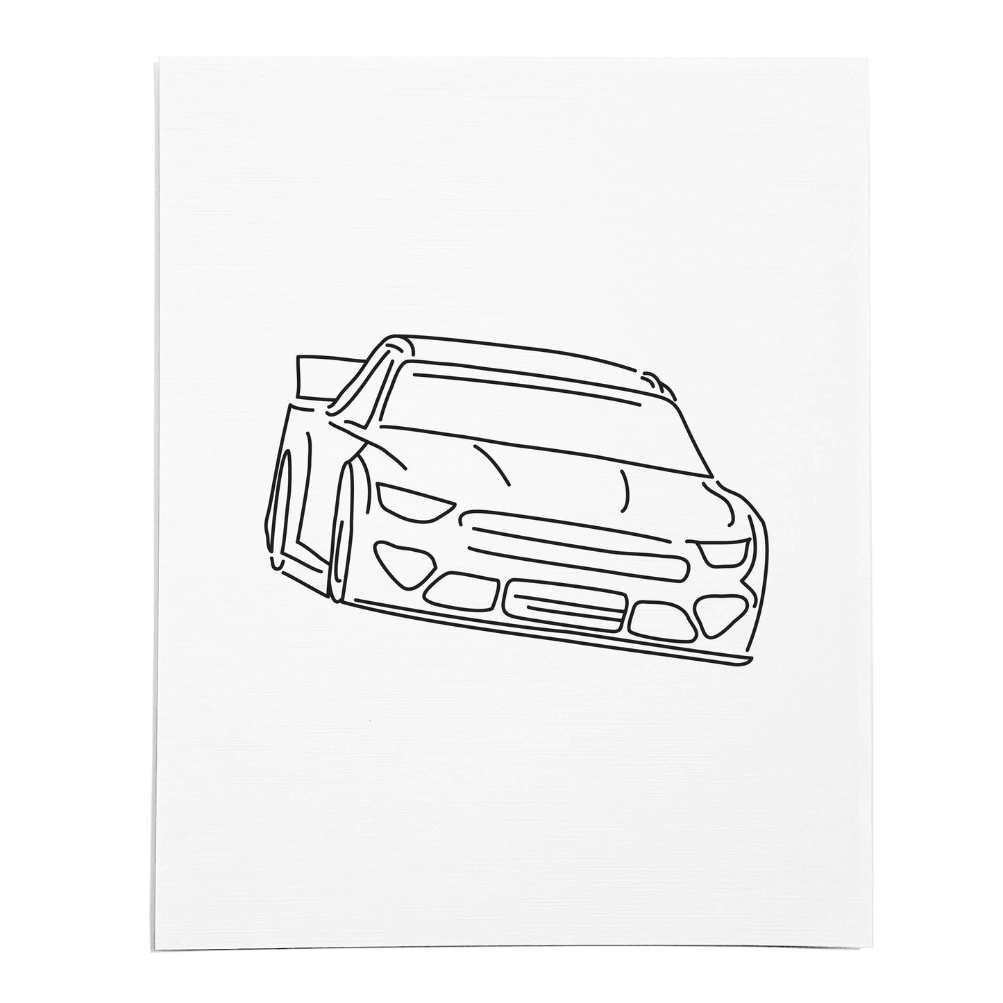 An art print featuring a line drawing of Nascar on white linen paper