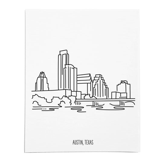 An art print featuring a line drawing of the Austin Skyline on white linen paper