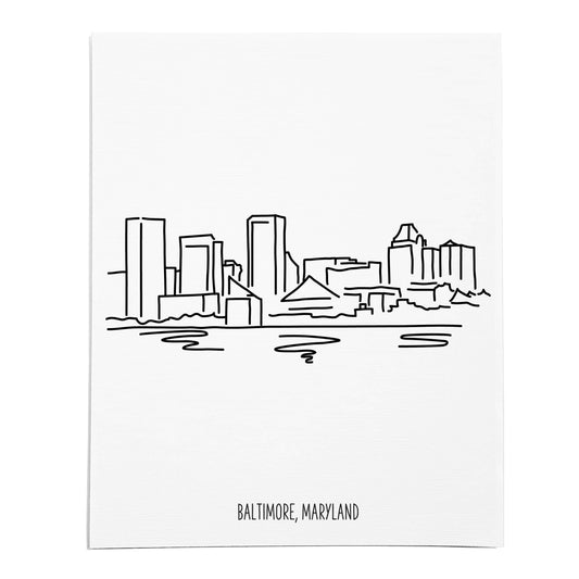 An art print featuring a line drawing of the Baltimore Skyline on white linen paper