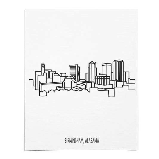 An art print featuring a line drawing of the Birmingham Skyline on white linen paper