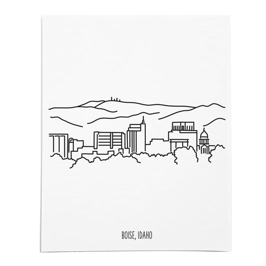 An art print featuring a line drawing of the Boise Skyline on white linen paper