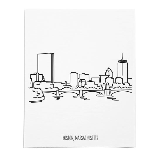 An art print featuring a line drawing of the Boston Skyline on white linen paper