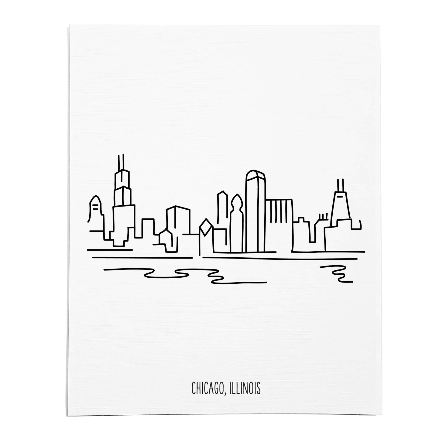 An art print featuring a line drawing of the Chicago Skyline on white linen paper