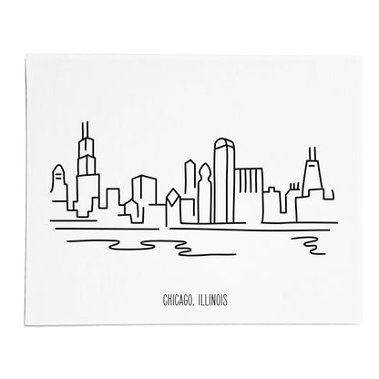 An art print featuring a line drawing of the Chicago Skyline on white linen paper