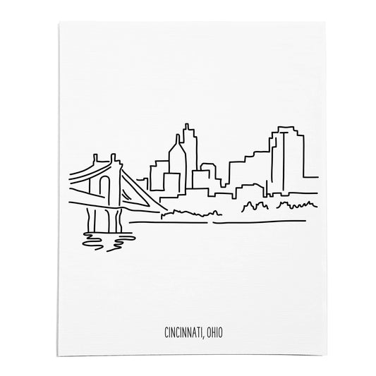 An art print featuring a line drawing of the Cincinnati Skyline on white linen paper