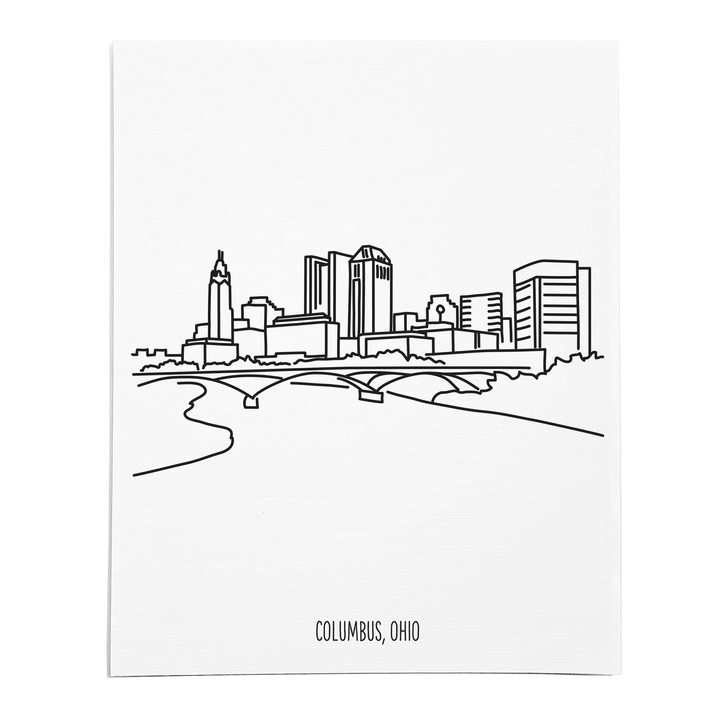 An art print featuring a line drawing of the Columbus Skyline on white linen paper