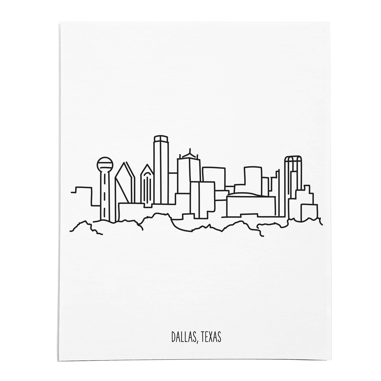 An art print featuring a line drawing of the Dallas Skyline on white linen paper