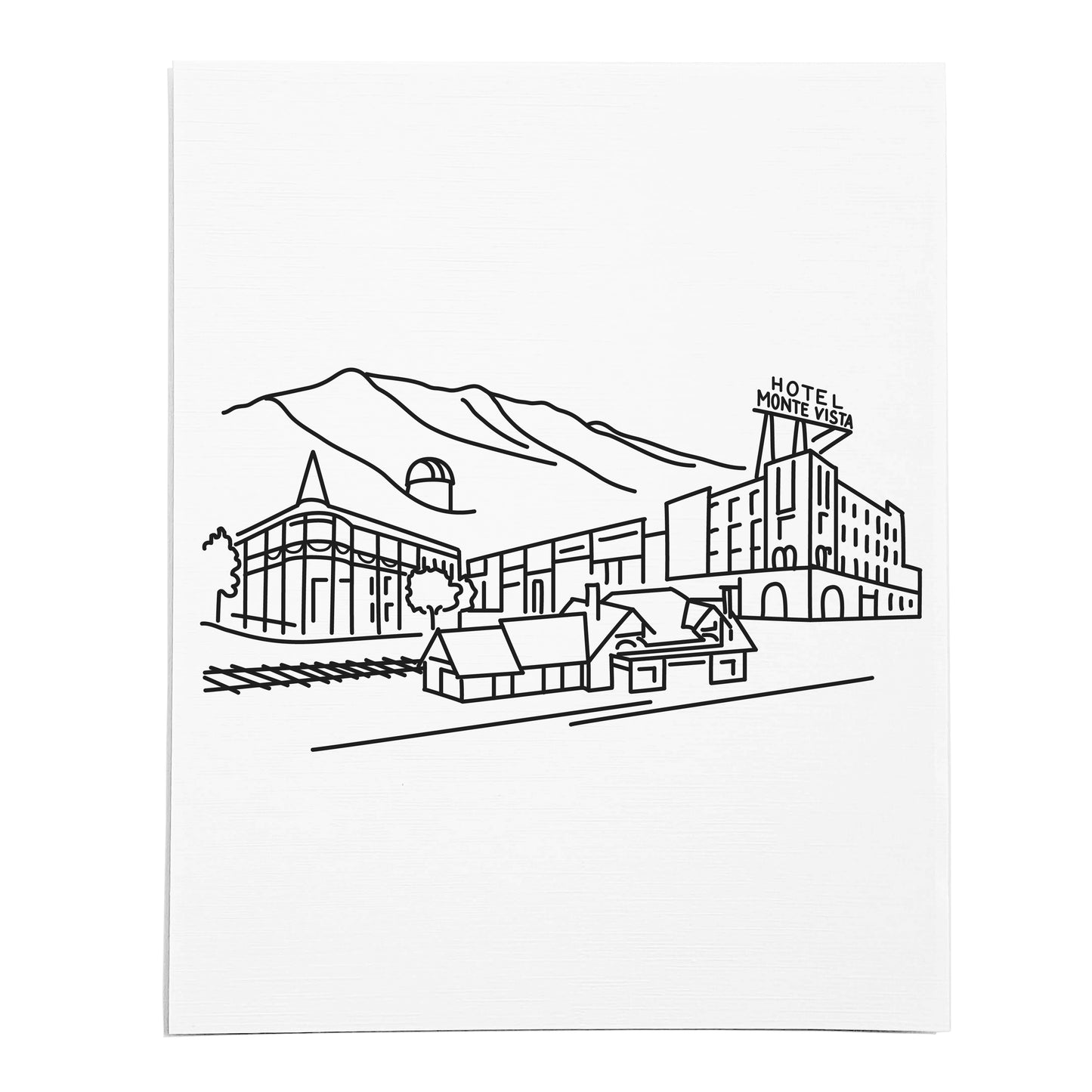 An art print featuring a line drawing of the Flagstaff Skyline on white linen paper