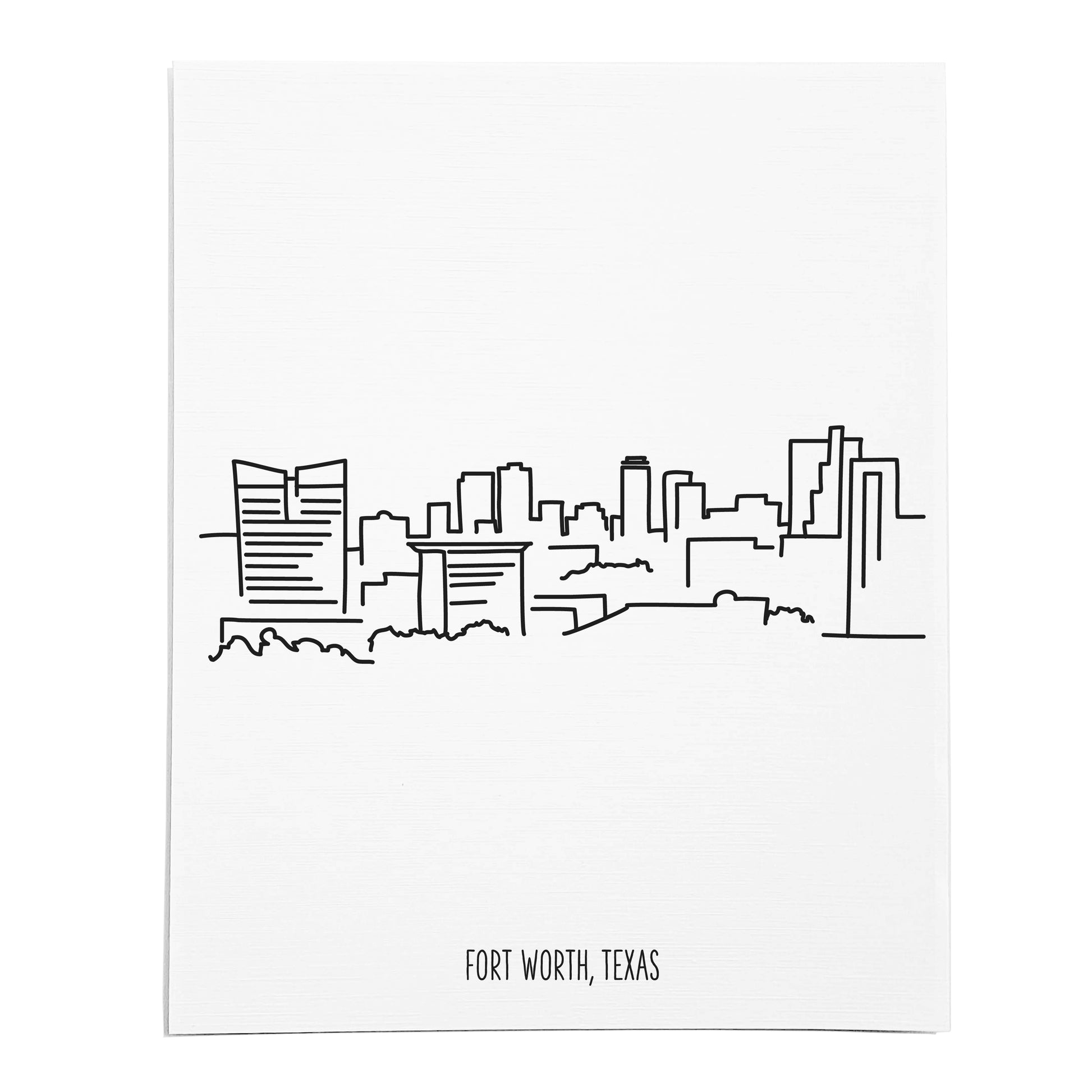 An art print featuring a line drawing of the Fort Worth Skyline on white linen paper