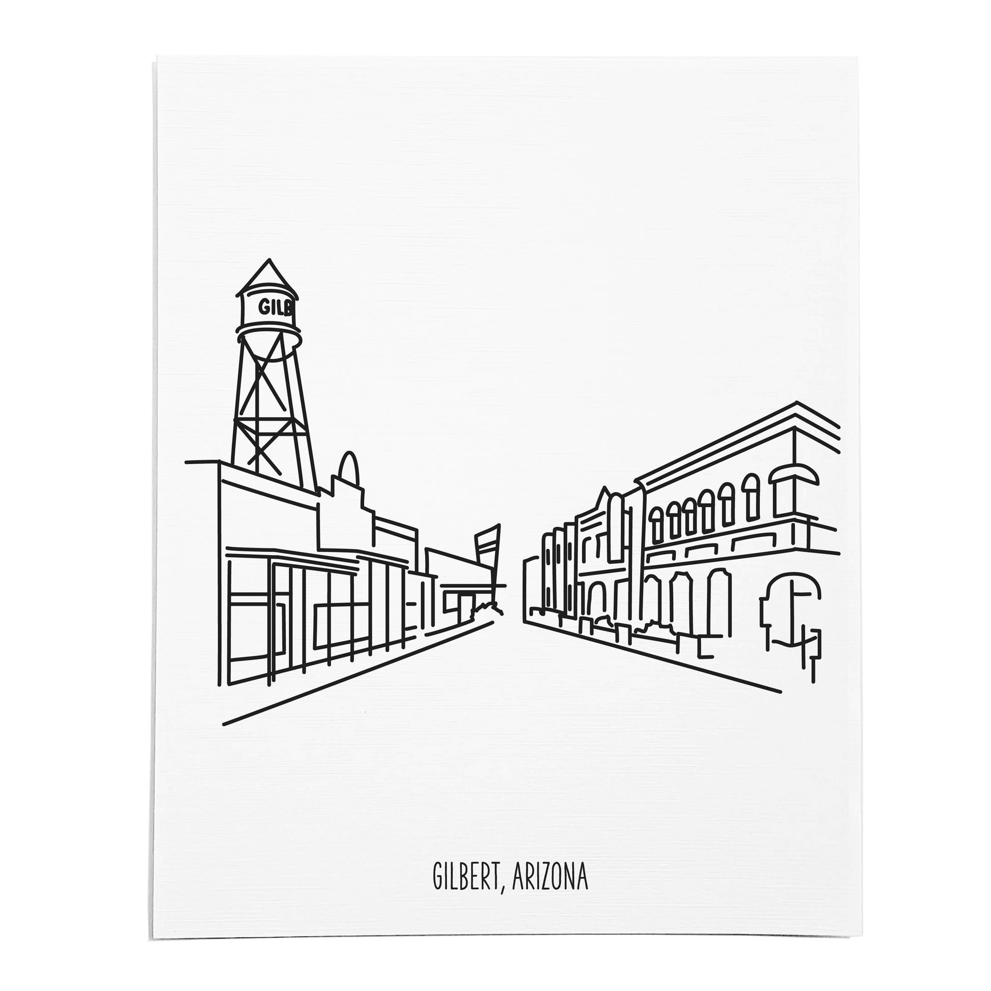 An art print featuring a line drawing of the Gilbert Skyline on white linen paper