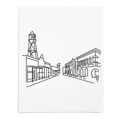 An art print featuring a line drawing of the Gilbert Skyline on white linen paper