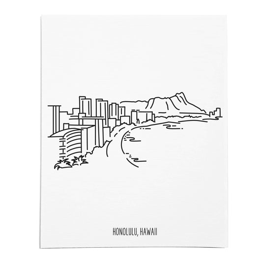 An art print featuring a line drawing of the Honolulu Skyline on white linen paper