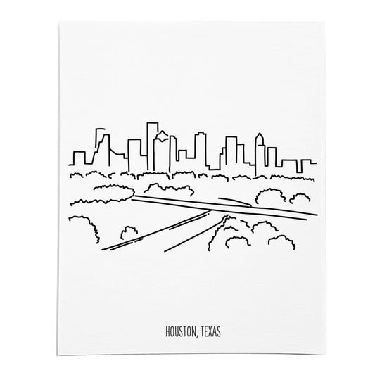 An art print featuring a line drawing of the Houston Skyline on white linen paper