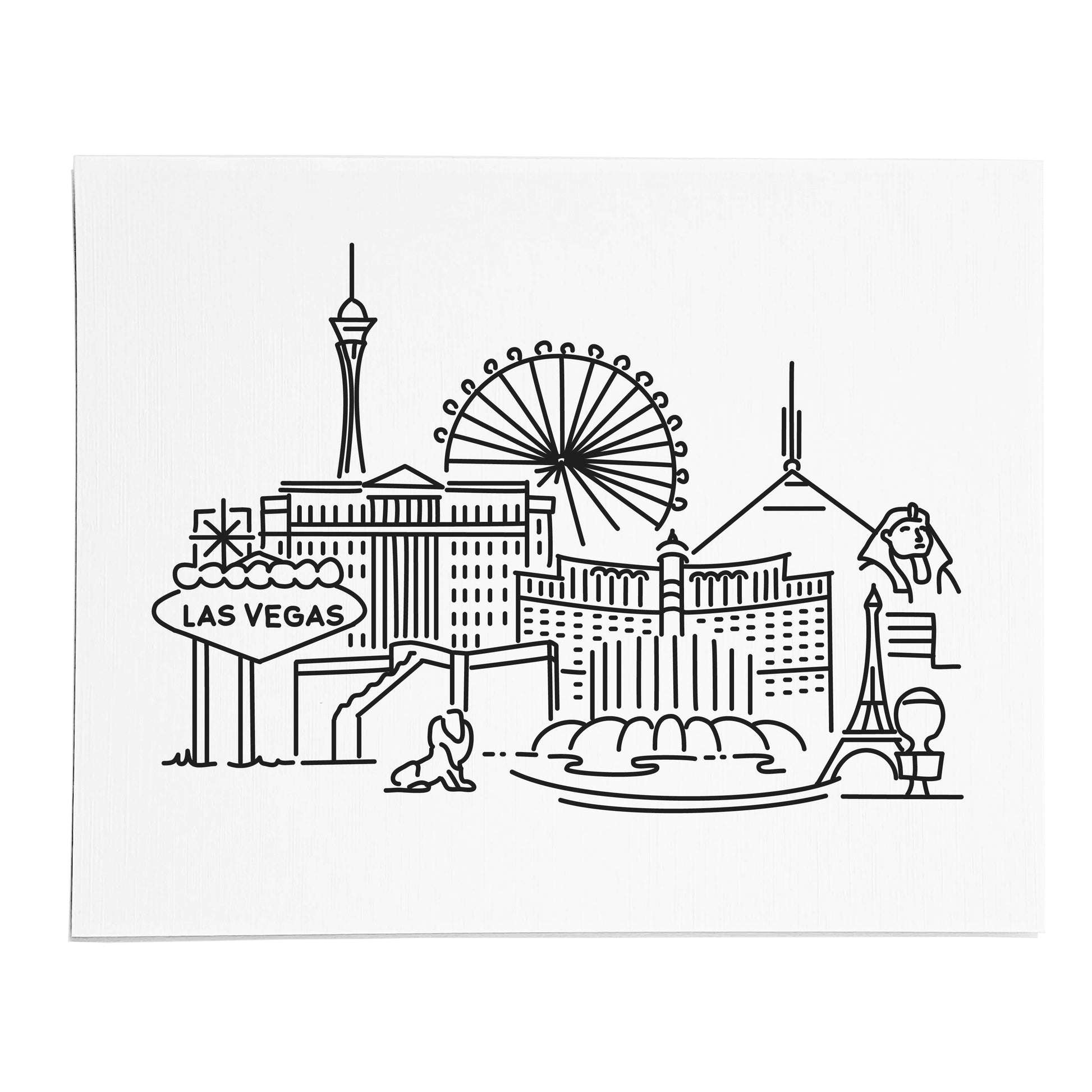 An art print featuring a line drawing of the Las Vegas Skyline on white linen paper