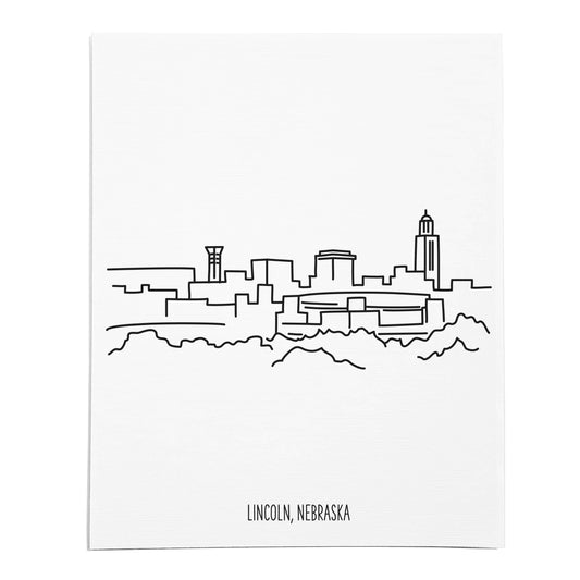 An art print featuring a line drawing of the Lincoln Skyline on white linen paper